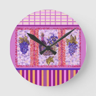 Wine And Grapes With Plaid And Stripes Wall Clock