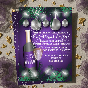  Wine and Ornaments Christmas Holiday Dinner Party Invitation