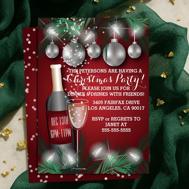 Wine and Ornaments Red Christmas Holiday Party  Invitation (Wine and Ornaments Red Christmas Holiday Party Invitation)