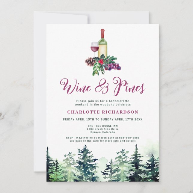 Wine And Pines Bachelorette Weekend Cabin In Woods Invitation (Front)