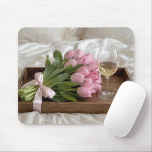 Wine and Pink Tulips On Satin Sheets Mouse Mat
