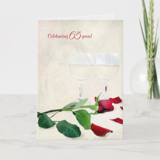 wine and red rose for 65th anniversary card (Front)