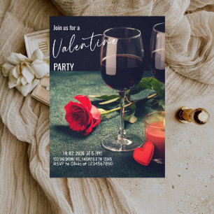 Wine and Roses Valentine-Romantic Red Rose & Wine Invitation
