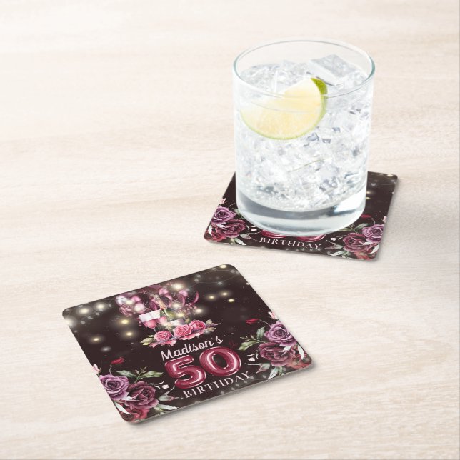 Wine & Balloons 50th Birthday Personalised Square Paper Coaster (Insitu)