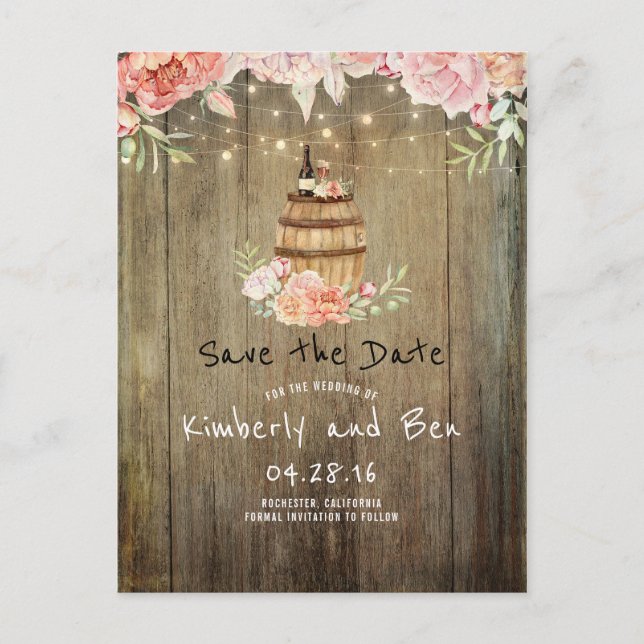 Wine Barrel and Pink Flowers Rustic Save the Date Announcement Postcard (Front)