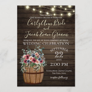 Wine Barrel and Roses Rustic Burgundy and Blue Invitation