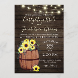 Wine Barrel and Sunflowers Rustic Wood and Lights Invitation