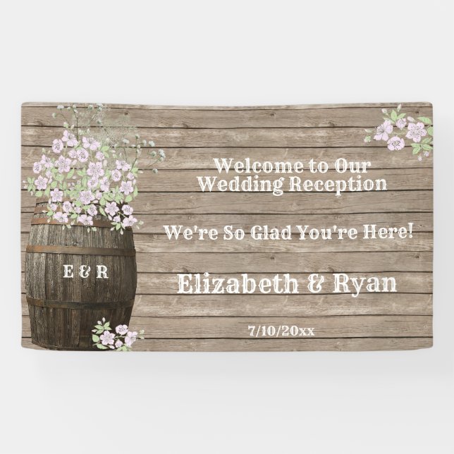 Wine Barrel Country Rustic, Pink Flowers, Custom Banner (Horizontal)