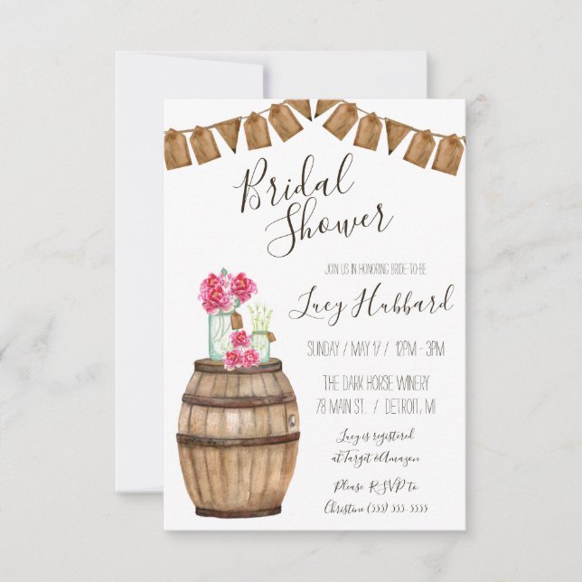 Wine Barrel Floral, Mason Jar Bridal Shower Invitation (Front)