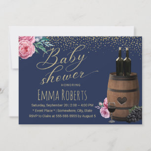Wine Barrel Navy Gold Confetti Floral Baby Shower Invitation