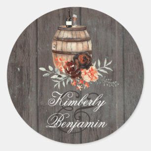 Wine Barrel Rustic Burgundy Flowers Wedding Classic Round Sticker
