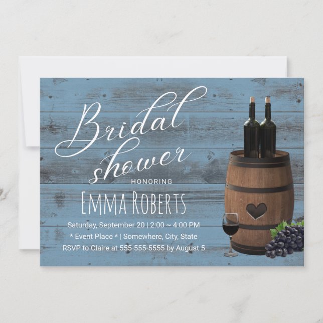 Wine Barrel Rustic Dusty Blue Barn Bridal Shower Invitation (Front)