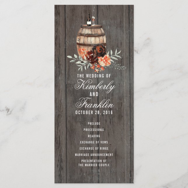 Wine Barrel Rustic Floral Wedding Programs Programme (Front)