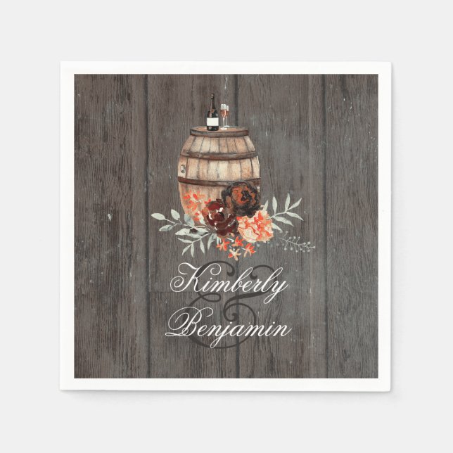 Wine Barrel Rustic Floral Wood Wedding Napkin (Front)