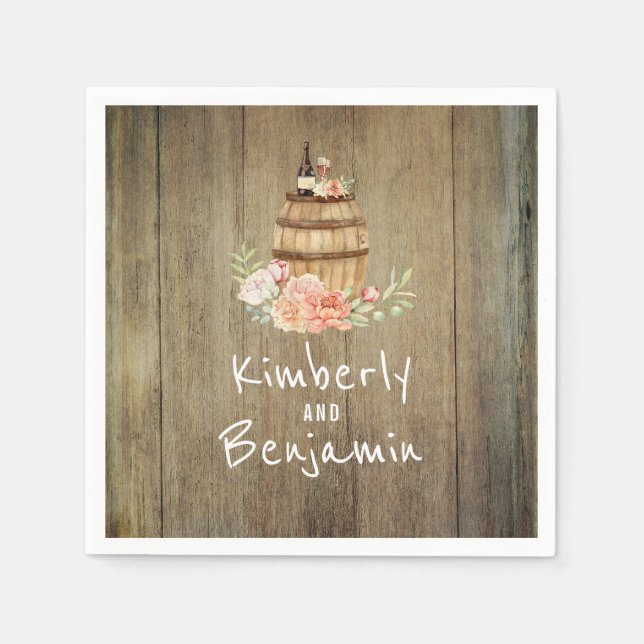 Wine Barrel Rustic Floral Wood Wedding Napkin (Front)