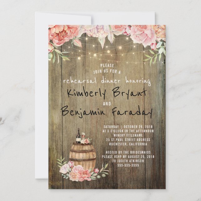 Wine Barrel Rustic String Lights Rehearsal Dinner Invitation (Front)