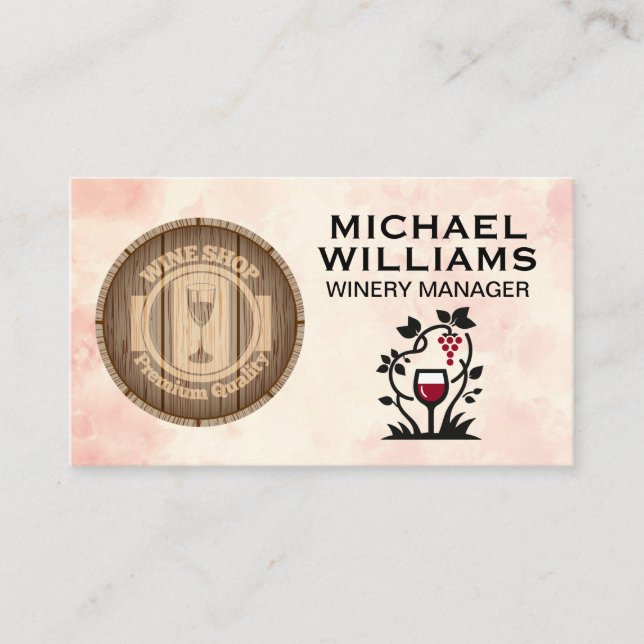 Wine Barrel | Wine Glass and Grapes | Winery Business Card (Front)