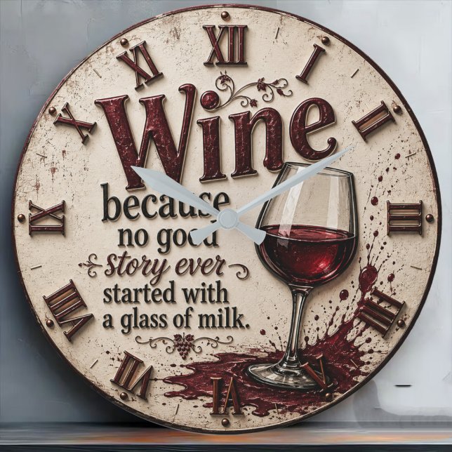 Wine Because No Good Story Ever Started with Milk Large Clock (Creator Uploaded)