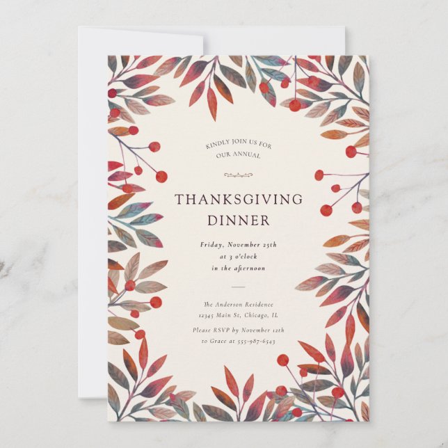 Wine Berries & Fall Leaves Thanksgiving Dinner Invitation (Front)