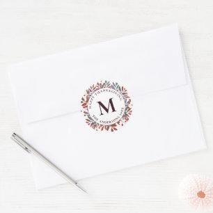 Wine Berries & Teal Green Leaves Monogram Classic Round Sticker