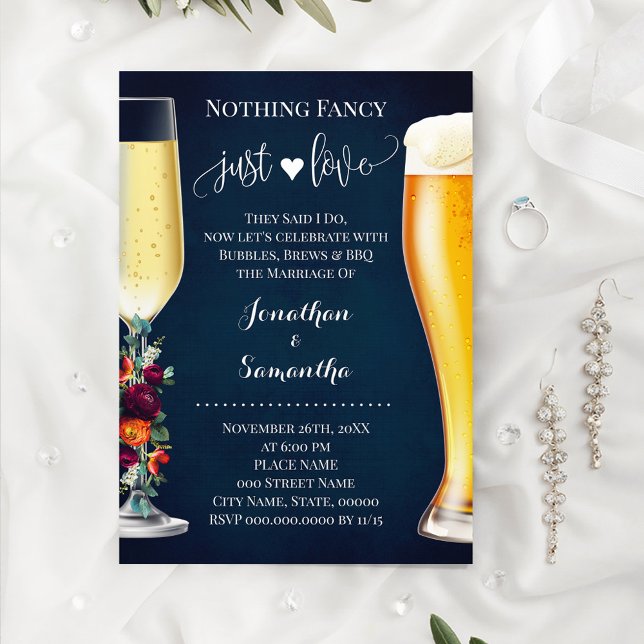 Wine Blue Nothing Fancy Bubble Brew Wedding Invite (Wine Blue Nothing Fancy Just Love Bubble & Brews Wedding, We Eloped Party, Post Wedding Party)