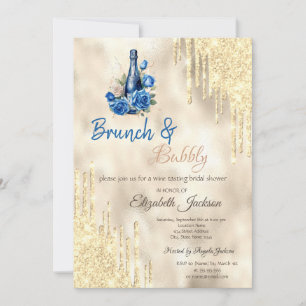 Wine Blue Roses Gold Drips Brunch & Bubbly  Invitation