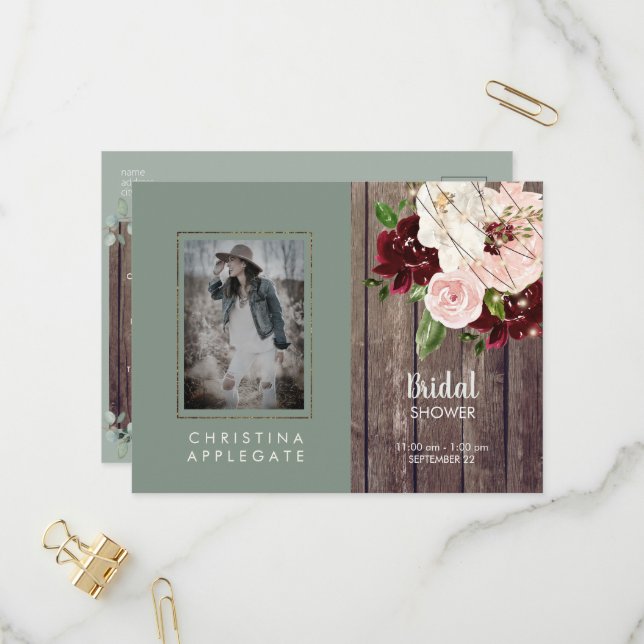  Wine & Blush Floral Sage Photo Bridal Shower Invitation Postcard (Front/Back In Situ)