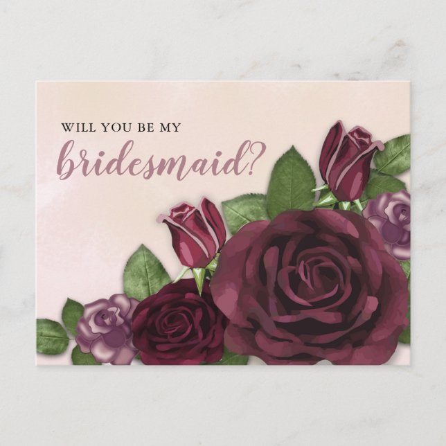 Wine | Blush | Mauve Floral Bridesmaid Request Invitation Postcard (Front)