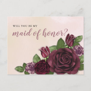 Wine Blush Mauve Floral Maid of Honour Request Invitation Postcard