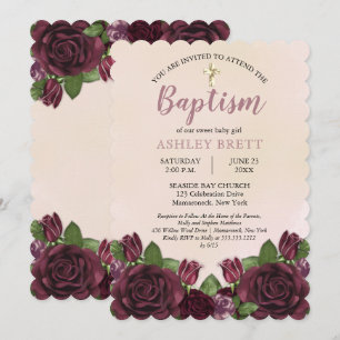 Wine   Blush   Mauve Painterly Floral Baptism Invitation