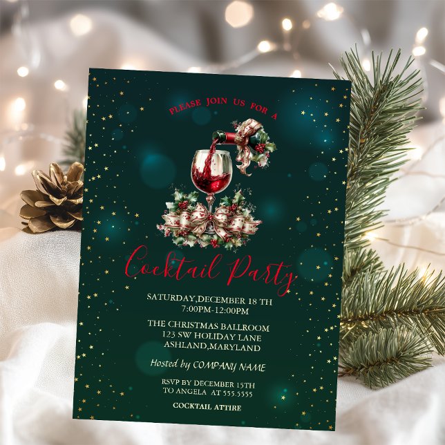 Wine Bootle Glass Stars Green Christmas Party  Invitation (Creator Uploaded)