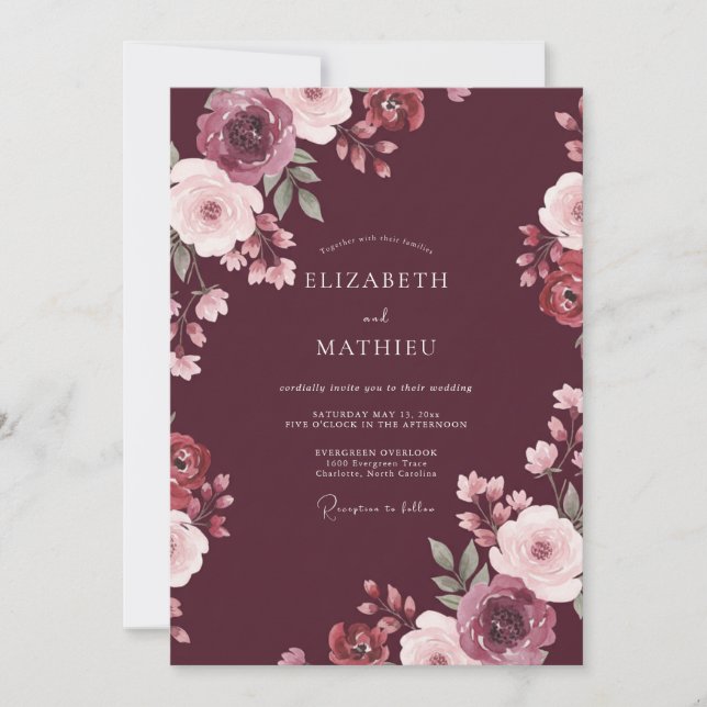 Wine Botanical Watercolor Wedding Invitation (Front)
