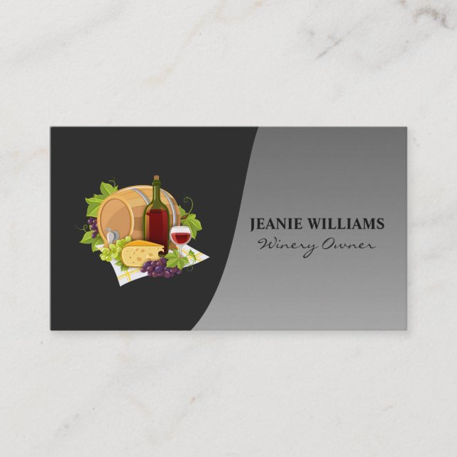 Wine Bottle and Glass | Classic Silver Black  Business Card (Front)
