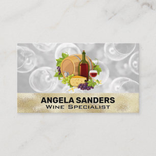 Wine Bottle and Glass   Grapes and Cheeses Business Card
