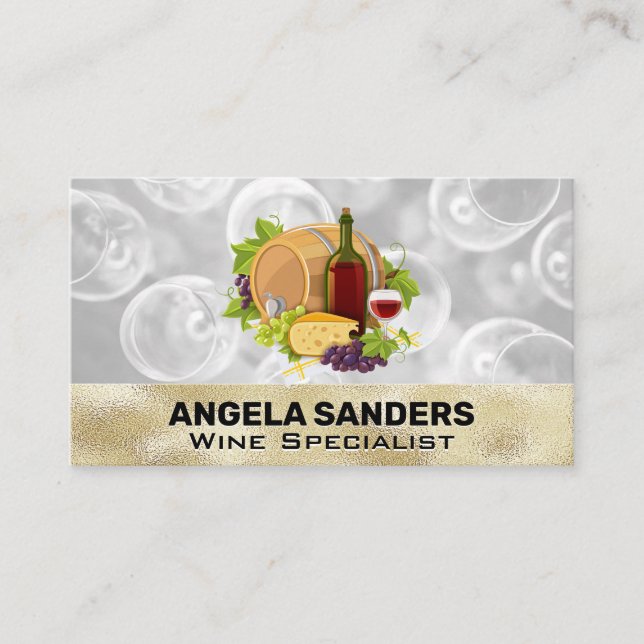 Wine Bottle and Glass | Grapes and Cheeses Business Card (Front)