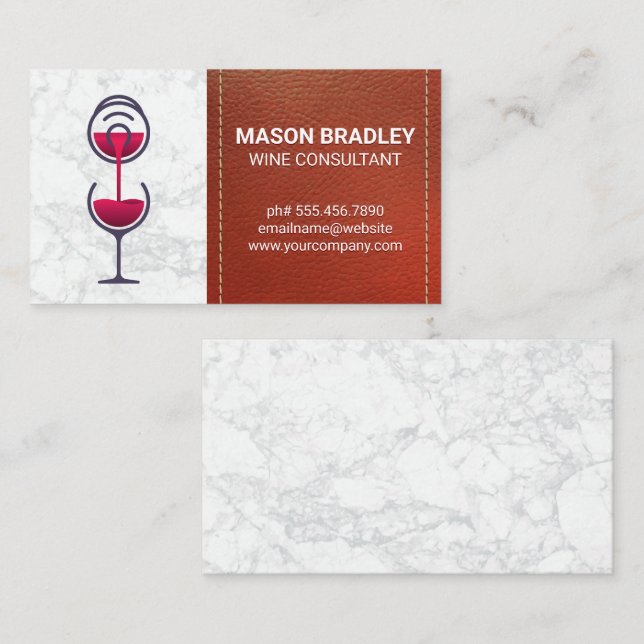 Wine Bottle and Glass | Leather Stitched Business Card (Front/Back)