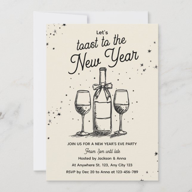 Wine Bottle and Glasses Hand Drawn New Year Party Invitation (Front)