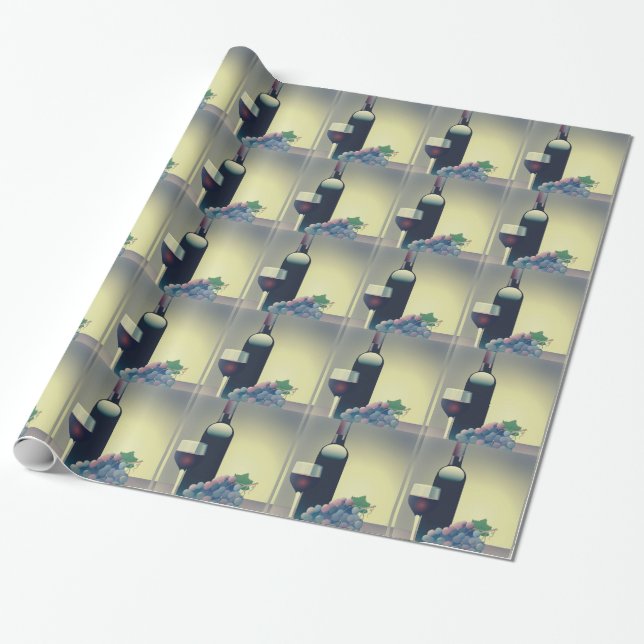 Wine Bottle and Grapes Design Wrapping Paper (Unrolled)