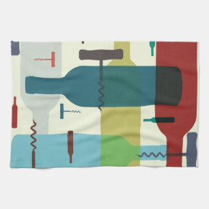 Wine bottle and opener design tea towel