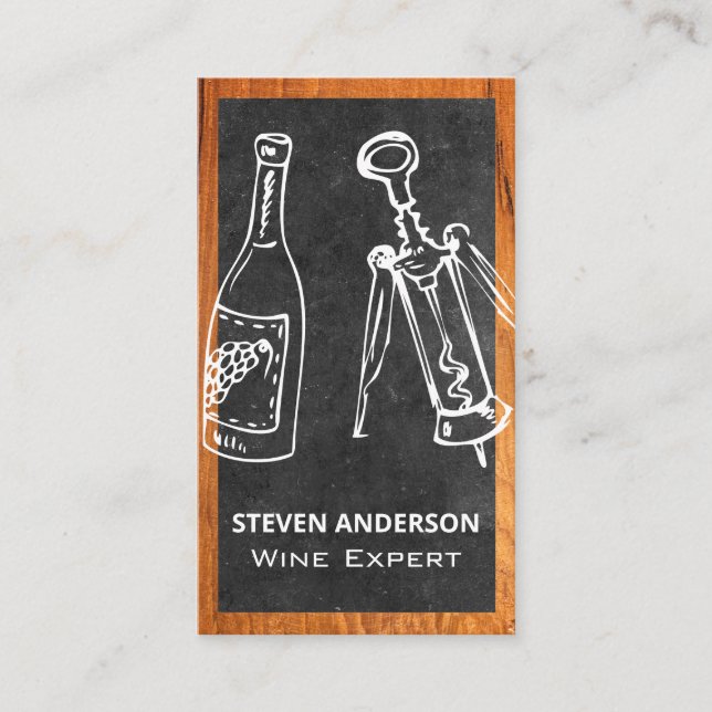 Wine Bottle and Opener | Wood Business Card (Front)