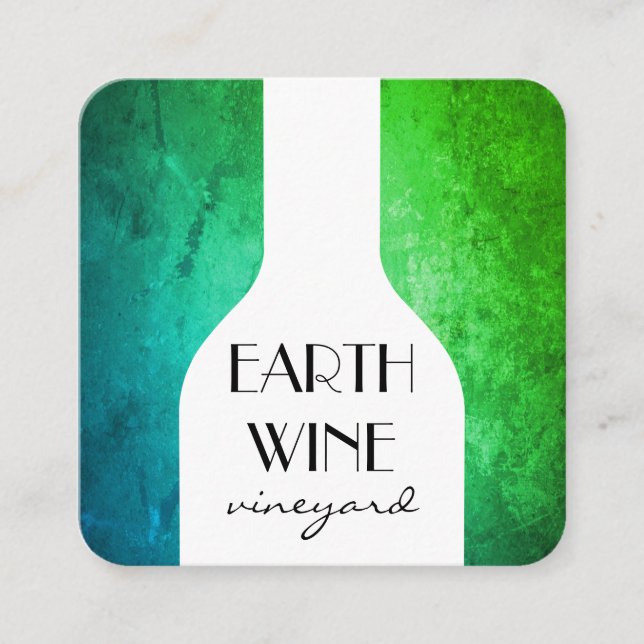 Wine Bottle Chic Green Rustic Background Square Business Card (Front)