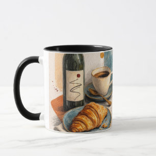 Wine Bottle, Coffee and Croissant Wall Art Print Mug