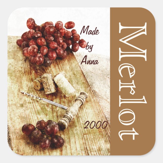 Wine bottle corks, corkscrew and grapes square sticker (Front)