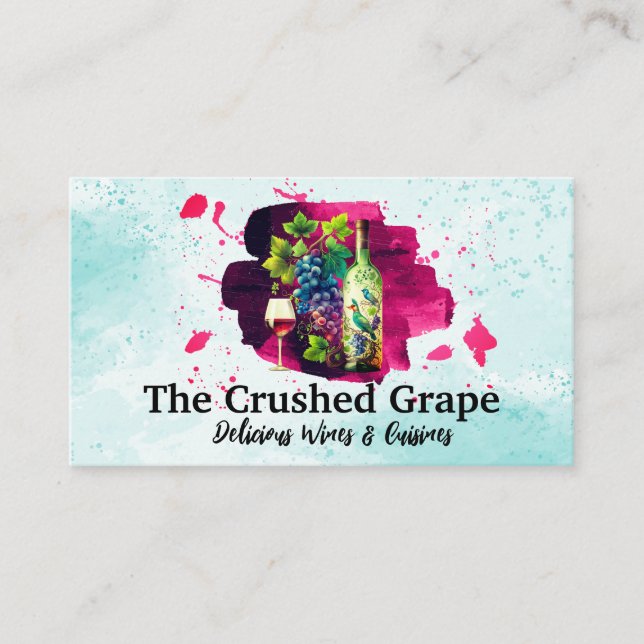 Wine Bottle Glass and Grapes | Watercolor Art Business Card (Front)