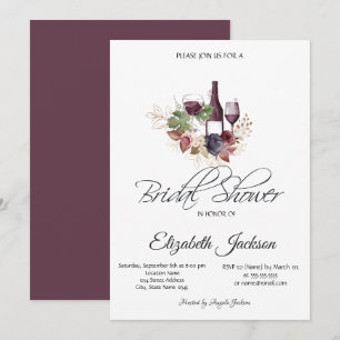 Wine Bottle Glass Burgundy Floral Bridal Shower Invitation