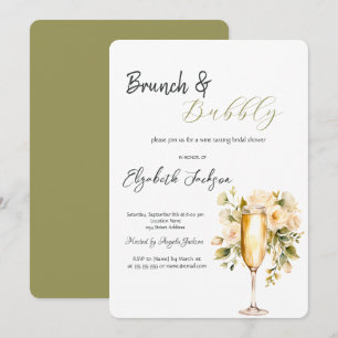 Wine Bottle Glass Flower Green Brunch & Bubbly  Invitation
