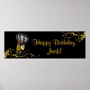 Wine Bottle Glass Gold Black Birthday Party Banner Poster