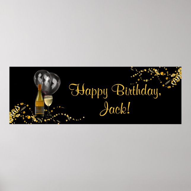Wine Bottle Glass Gold Black Birthday Party Banner Poster (Front)