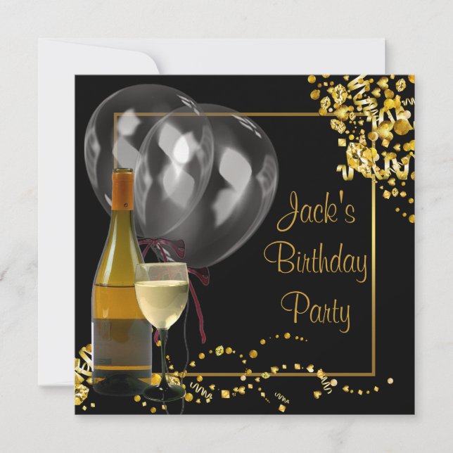 Wine Bottle Glass Gold Black Mans Birthday Party Invitation (Front)