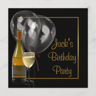 Wine Bottle Glass Gold Black Mens Birthday Party Invitation